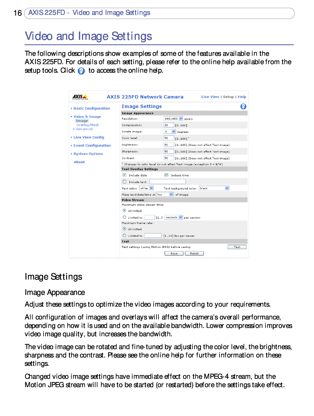 Axis Communications user manual Image Appearance, AXIS 225FD - Video and Image Settings 