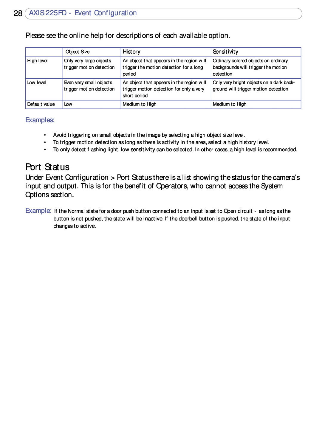Axis Communications user manual Port Status, AXIS 225FD - Event Configuration, Examples 