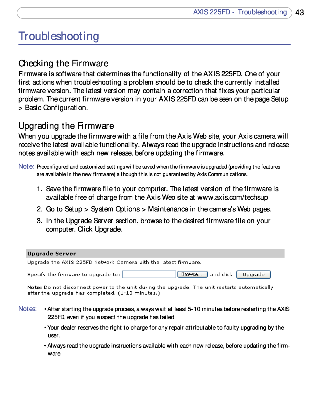 Axis Communications user manual Checking the Firmware, Upgrading the Firmware, AXIS 225FD - Troubleshooting 