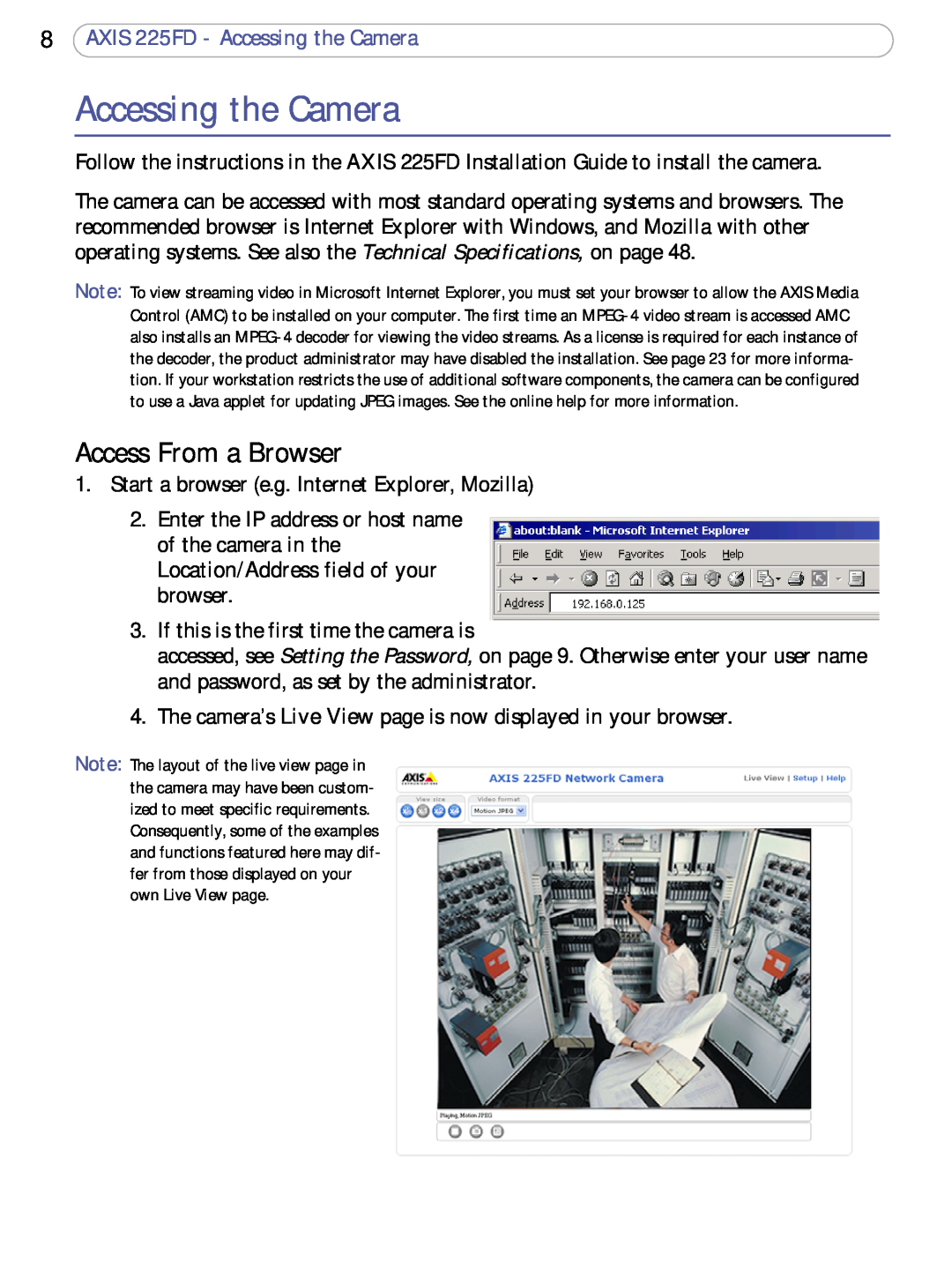 Axis Communications user manual Access From a Browser, AXIS 225FD - Accessing the Camera 