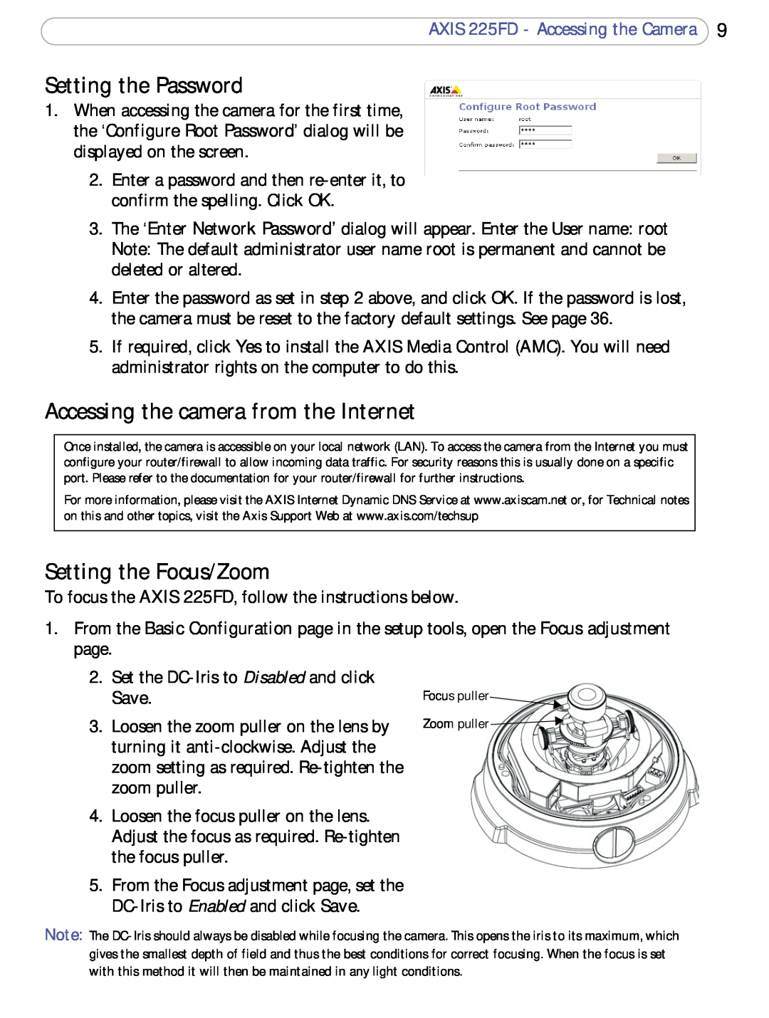 Axis Communications 225FD user manual Setting the Password, Accessing the camera from the Internet, Setting the Focus/Zoom 