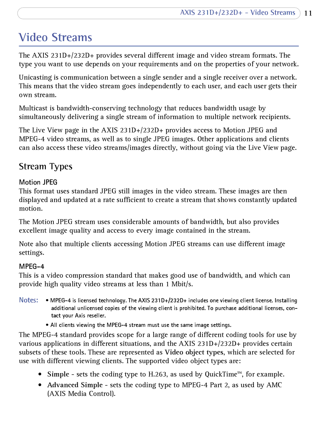 Axis Communications 231D+, 232d+ user manual Video Streams, Stream Types, Motion Jpeg 