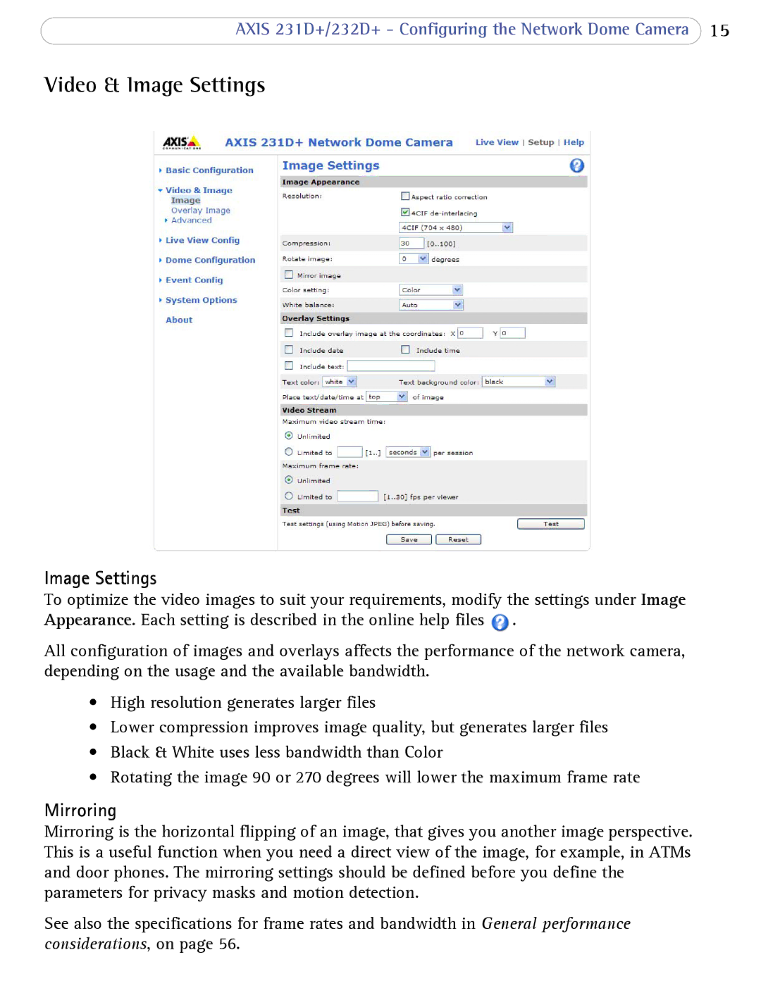 Axis Communications 231D+, 232d+ user manual Video & Image Settings, Mirroring 