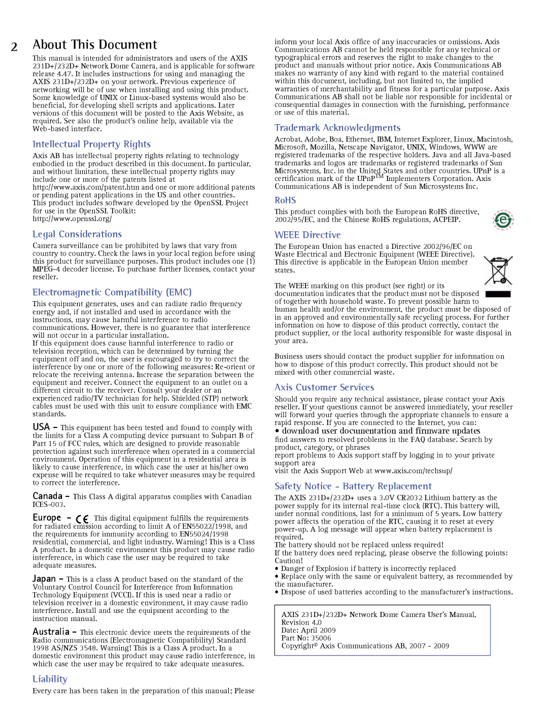 Axis Communications 232d+, 231D+ user manual About This Document, Intellectual Property Rights 