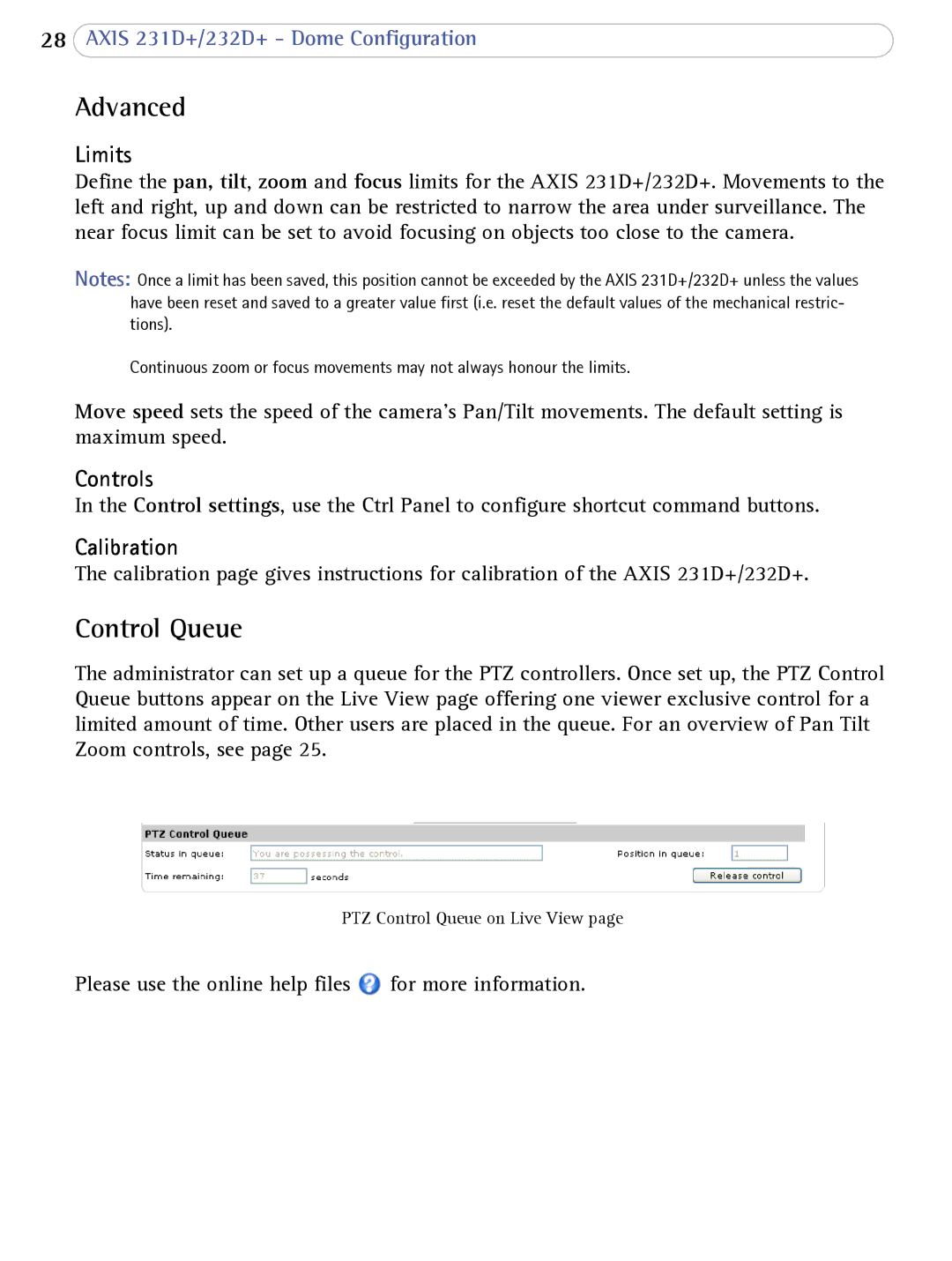 Axis Communications 232d+, 231D+ user manual Advanced, Control Queue, Limits, Controls, Calibration 