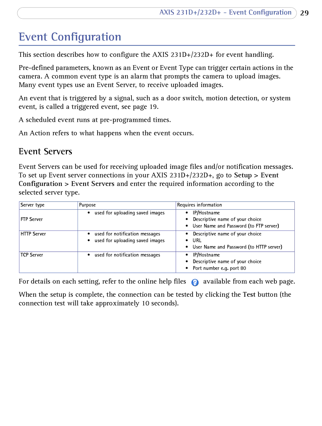 Axis Communications 231D+, 232d+ user manual Event Configuration, Event Servers 