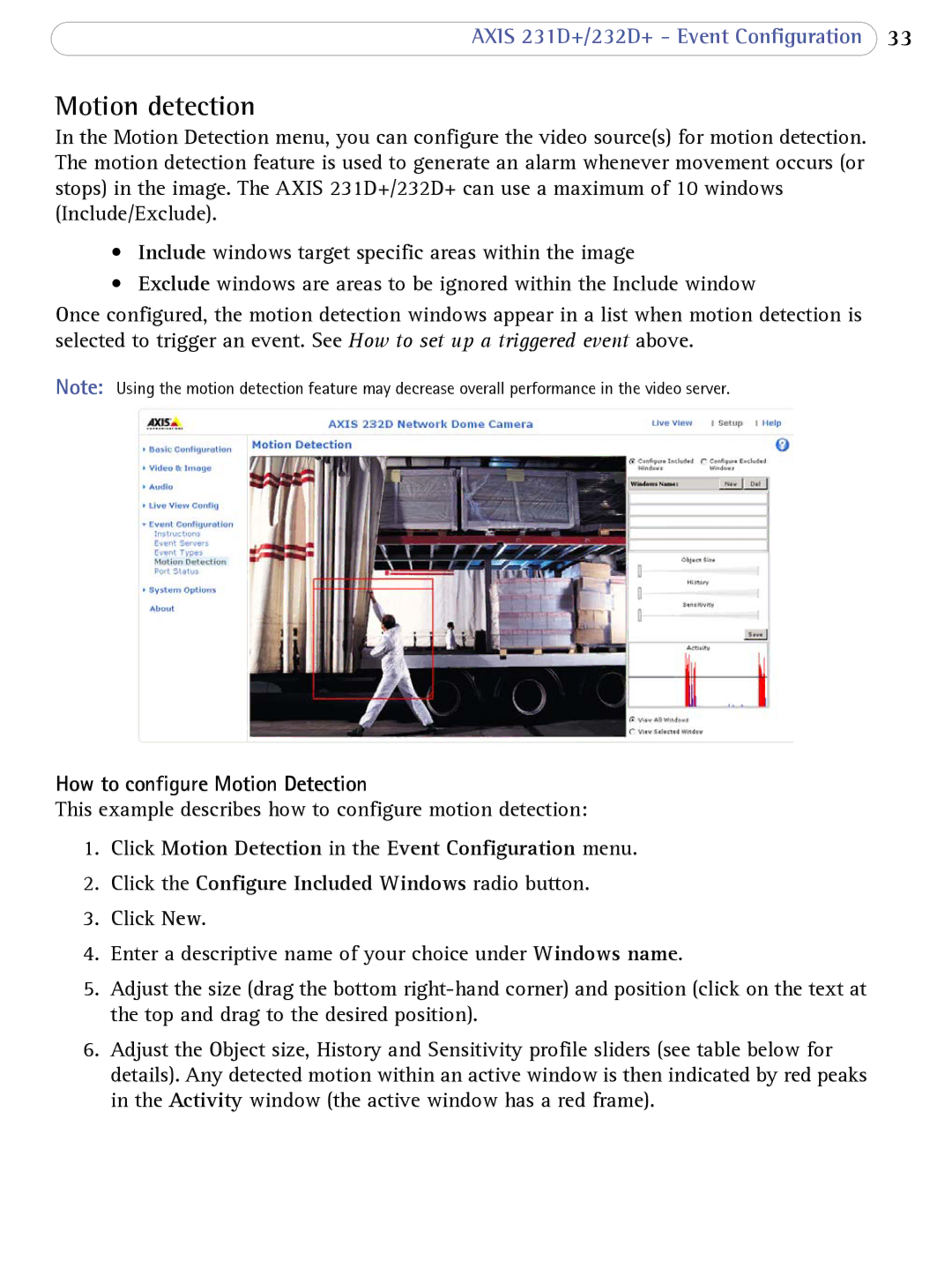 Axis Communications 231D+, 232d+ user manual Motion detection, How to configure Motion Detection 