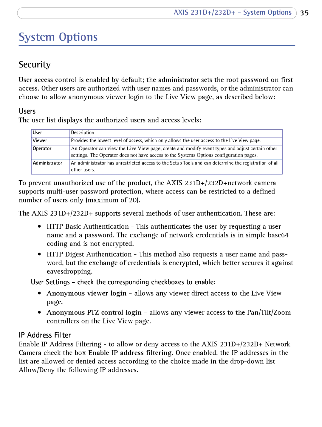 Axis Communications 231D+, 232d+ user manual System Options, Security, Users, IP Address Filter 