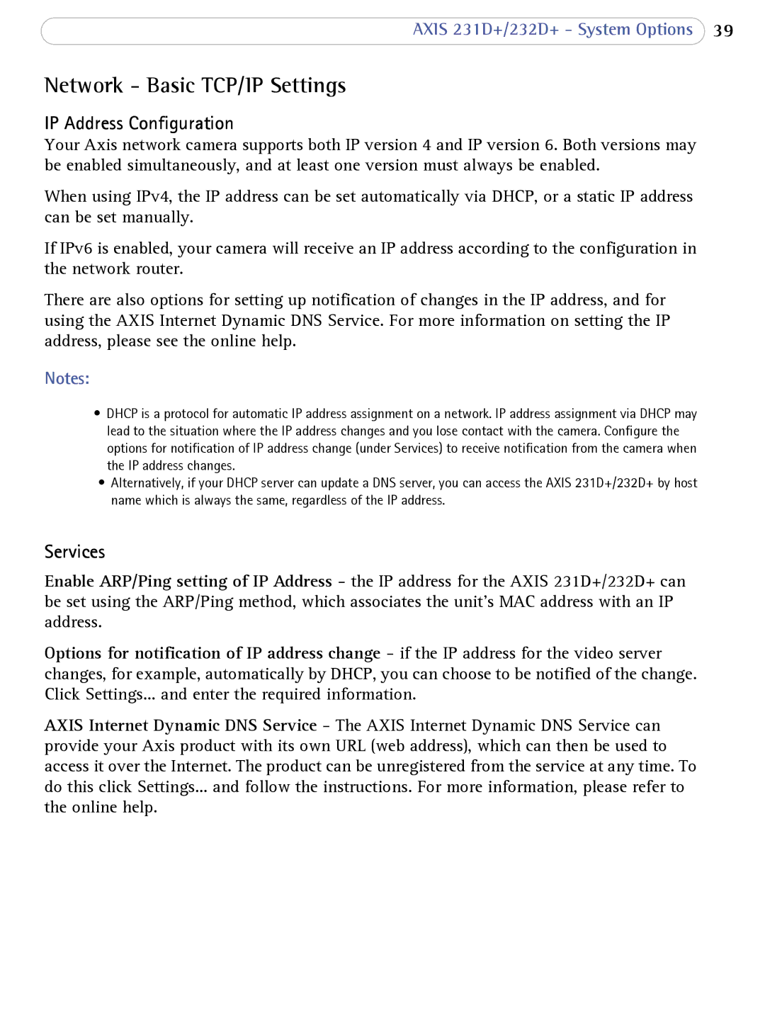 Axis Communications 231D+, 232d+ user manual Network Basic TCP/IP Settings, IP Address Configuration, Services 