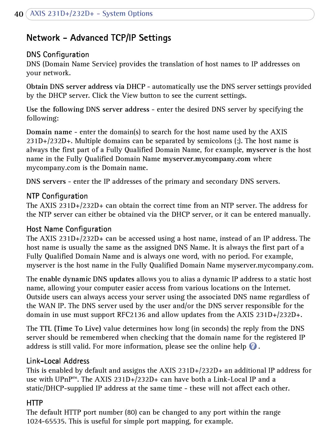 Axis Communications 232d+ Network Advanced TCP/IP Settings, DNS Configuration, NTP Configuration, Host Name Configuration 