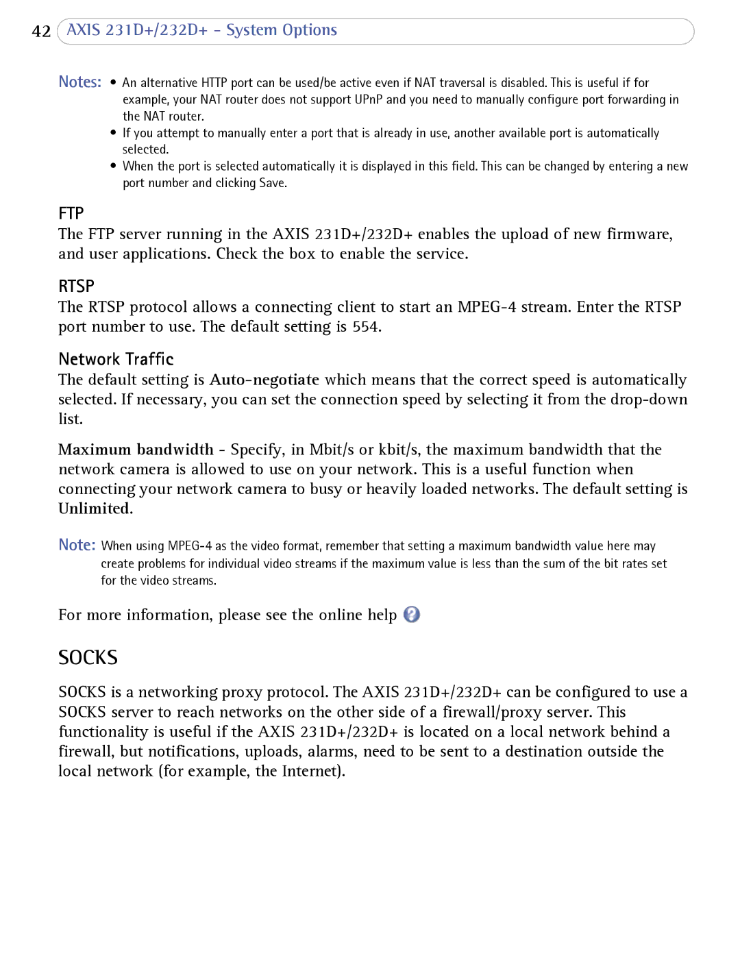 Axis Communications 232d+, 231D+ user manual Ftp, Network Traffic 