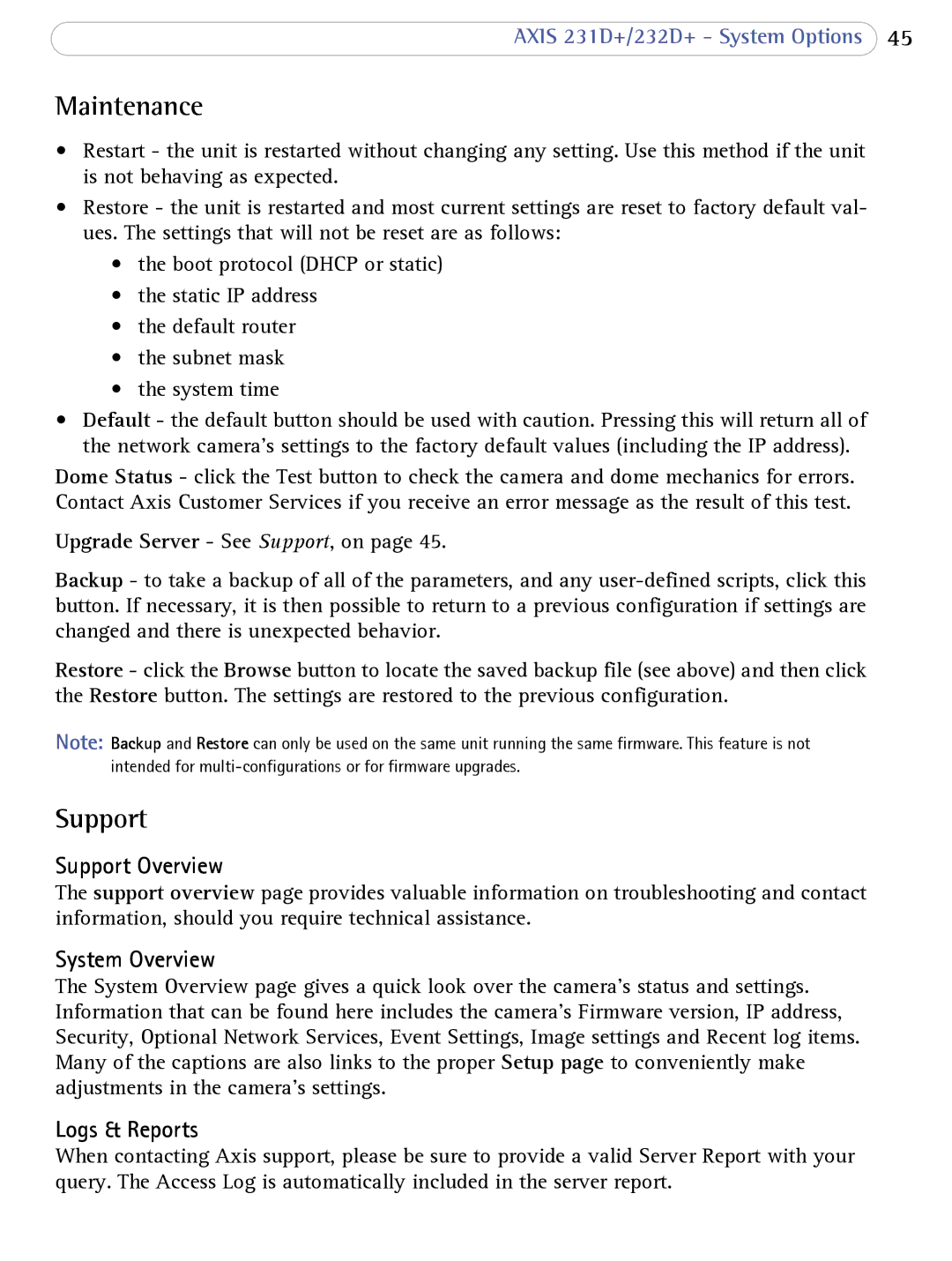 Axis Communications 231D+, 232d+ user manual Maintenance, Support Overview, System Overview, Logs & Reports 