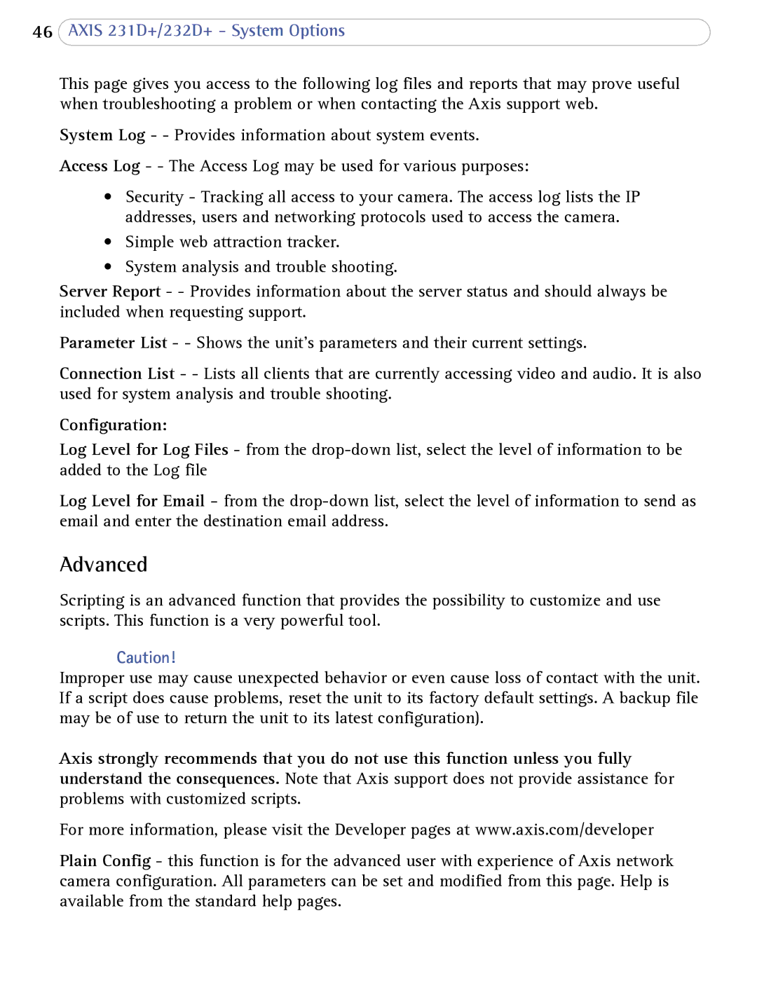 Axis Communications 232d+, 231D+ user manual Advanced, Configuration 