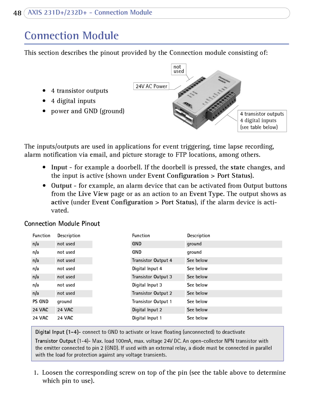 Axis Communications 232d+, 231D+ user manual Connection Module Pinout 