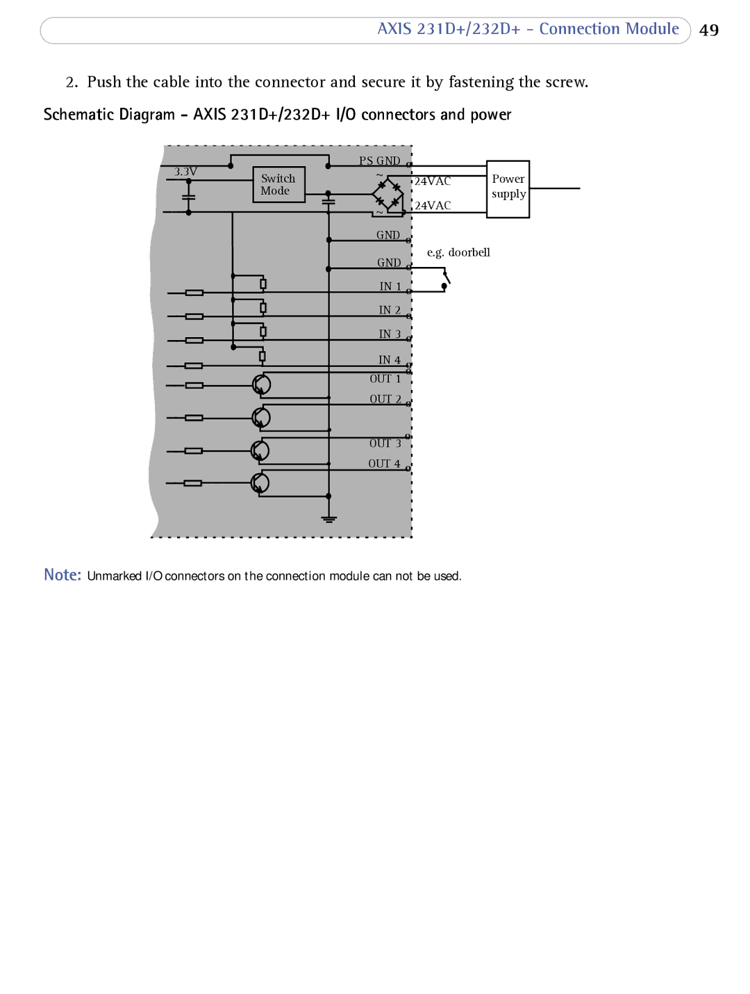 Axis Communications 232d+ user manual Schematic Diagram Axis 231D+/232D+ I/O connectors and power 