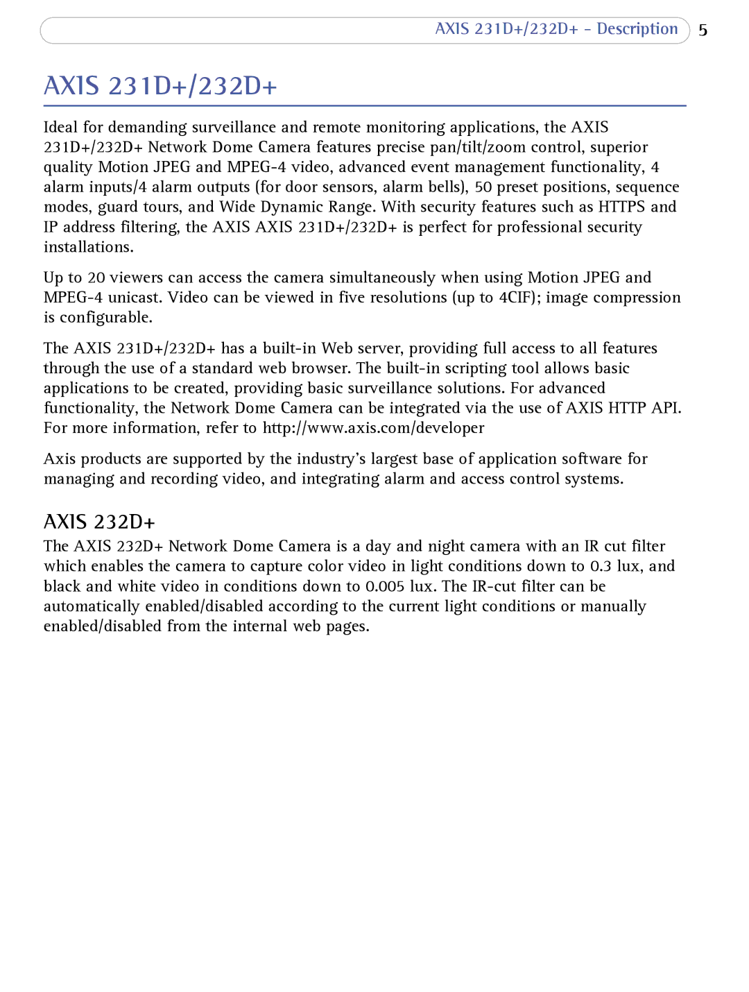 Axis Communications 232d+ user manual Axis 231D+/232D+, Axis 232D+ 