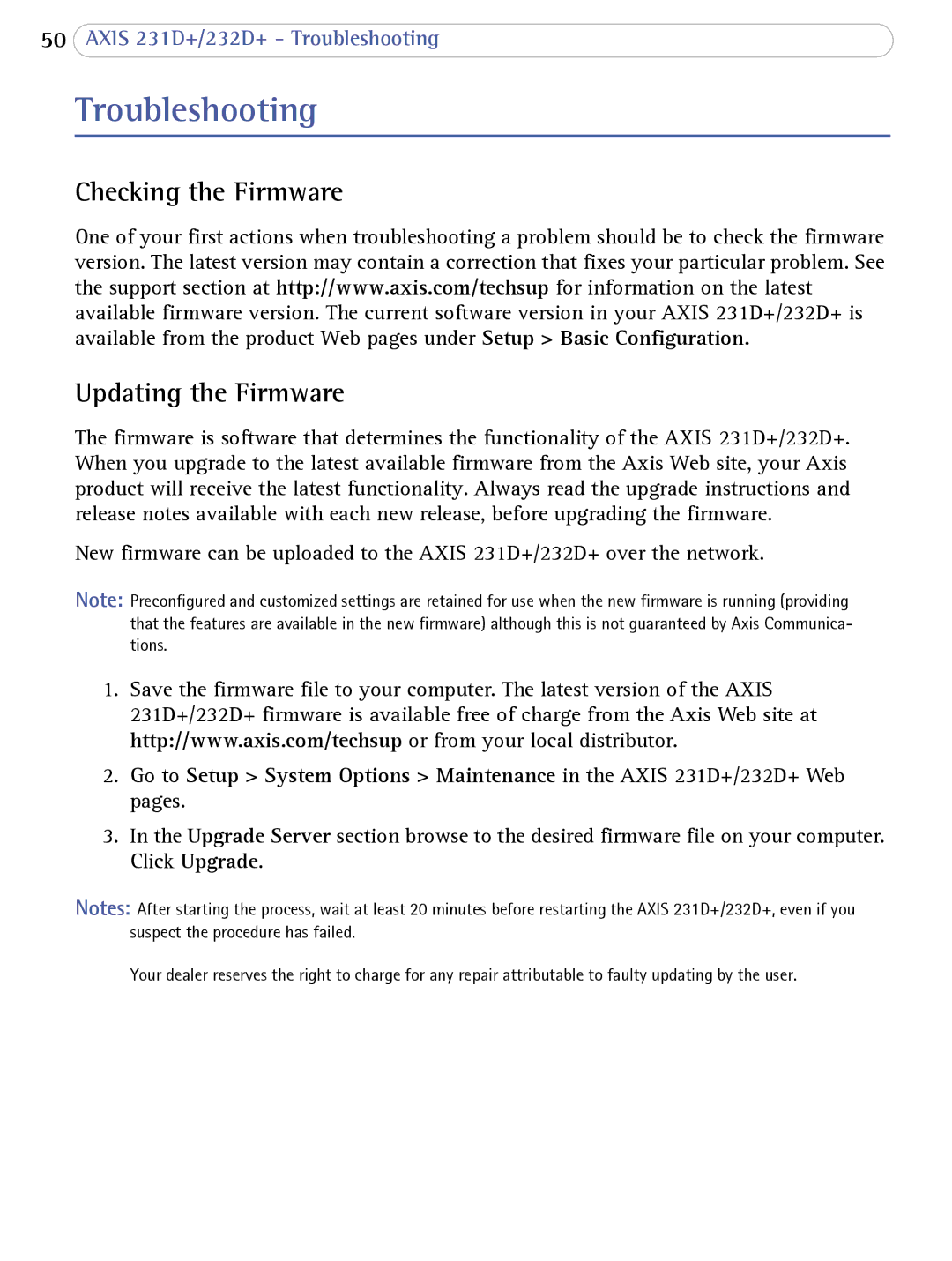 Axis Communications 232d+, 231D+ user manual Troubleshooting, Checking the Firmware Updating the Firmware 