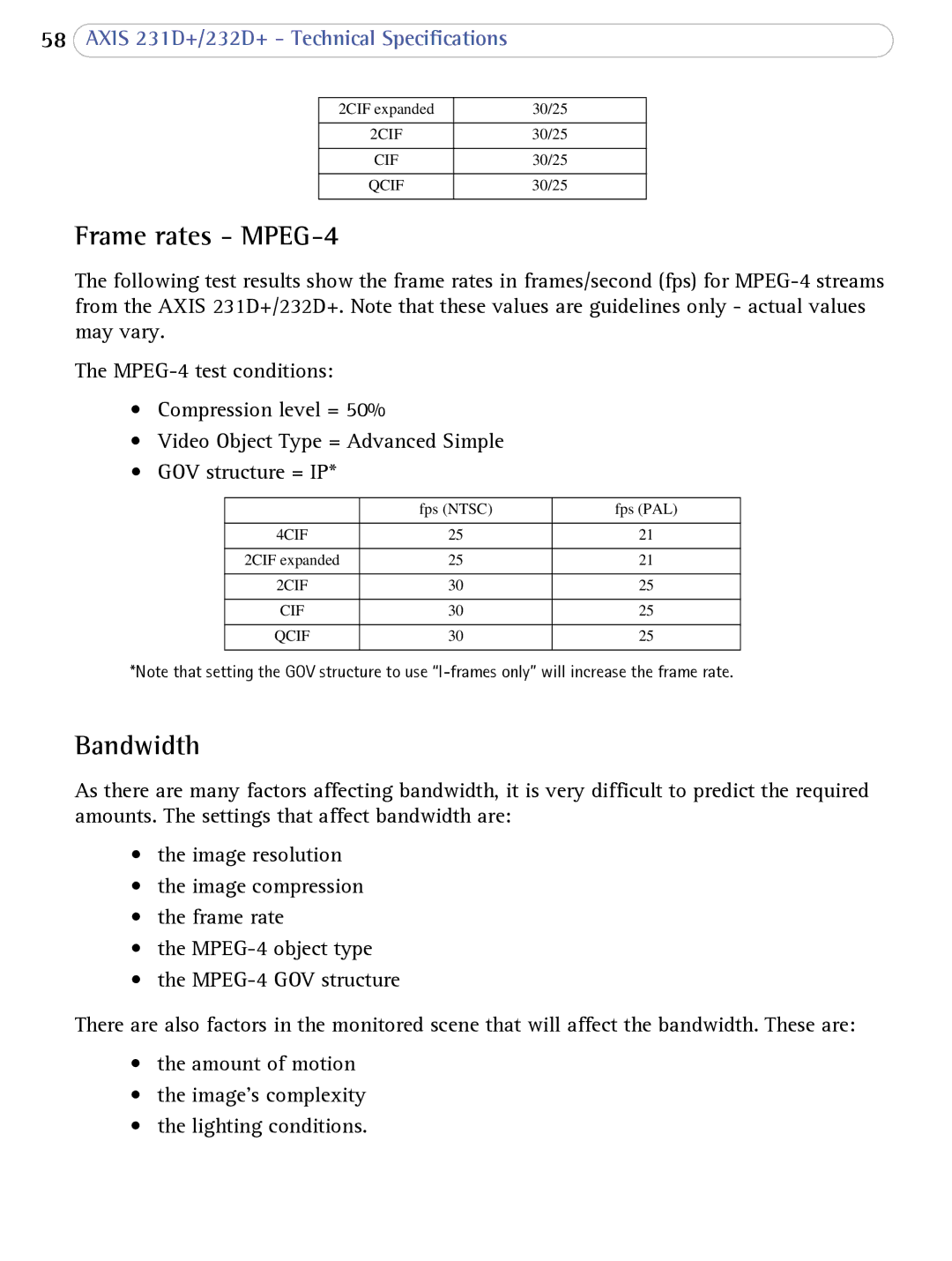 Axis Communications 232d+, 231D+ user manual Frame rates MPEG-4, Bandwidth 