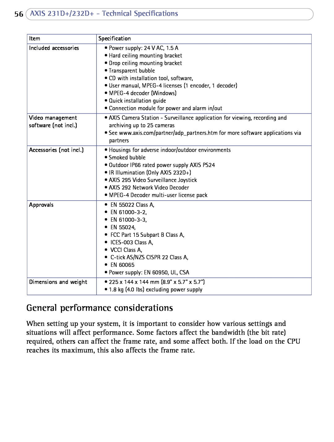 Axis Communications 232d+ user manual General performance considerations, 56AXIS 231D+/232D+ - Technical Specifications 