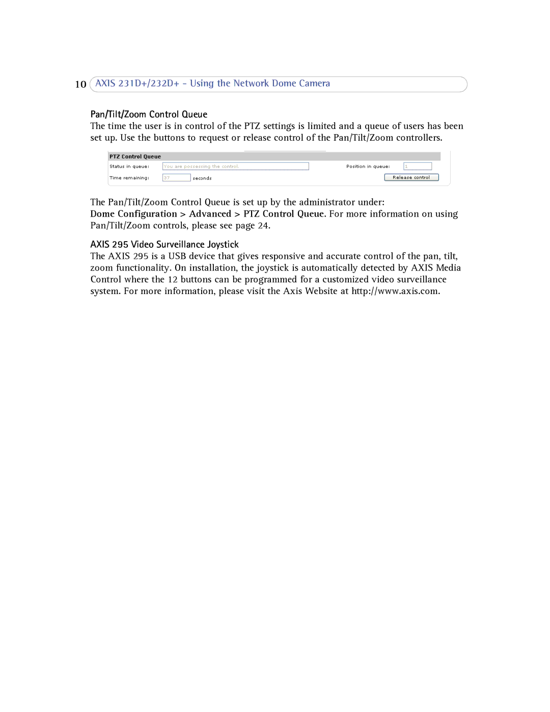 Axis Communications 232d+ user manual Pan/Tilt/Zoom Control Queue 
