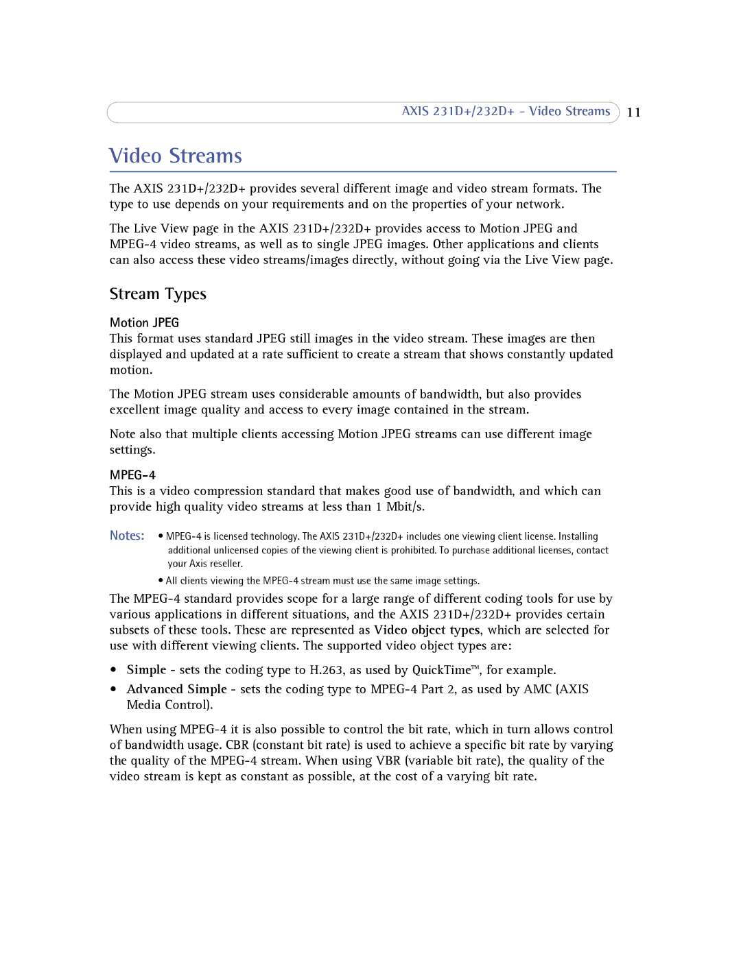 Axis Communications 232d+ user manual Video Streams, Stream Types, Motion Jpeg 