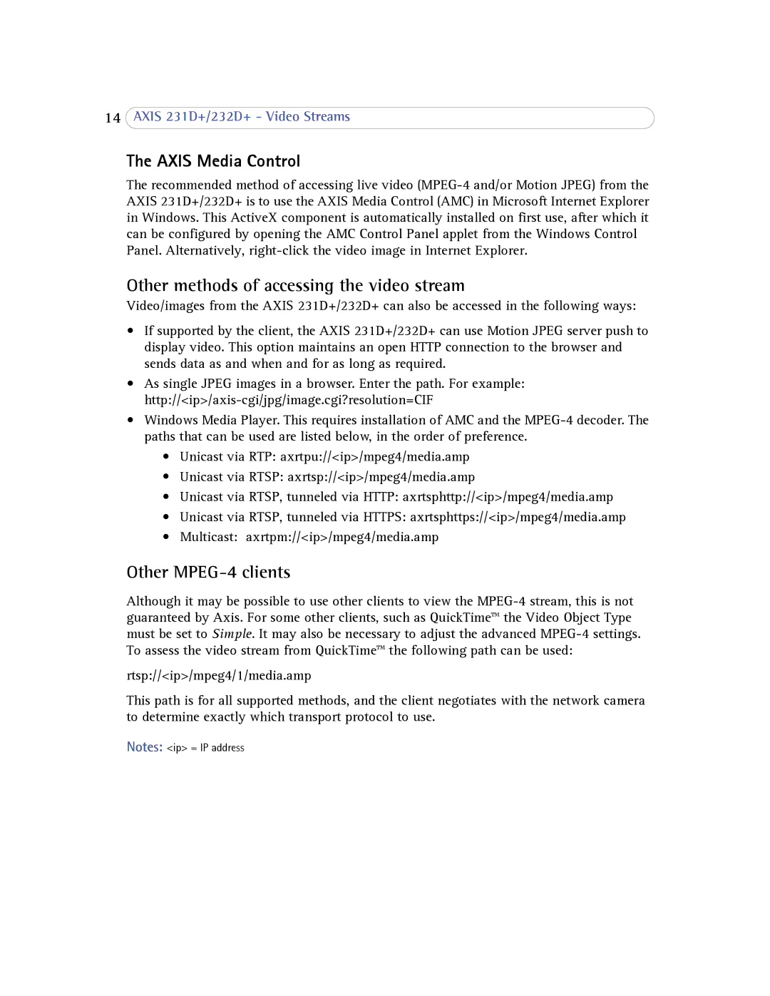 Axis Communications 232d+ user manual Axis Media Control, Other methods of accessing the video stream, Other MPEG-4 clients 