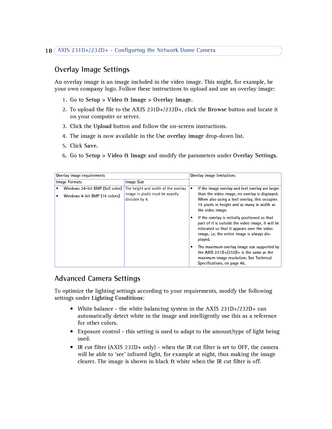 Axis Communications 232d+ Overlay Image Settings, Advanced Camera Settings, Go to Setup Video & Image Overlay Image 