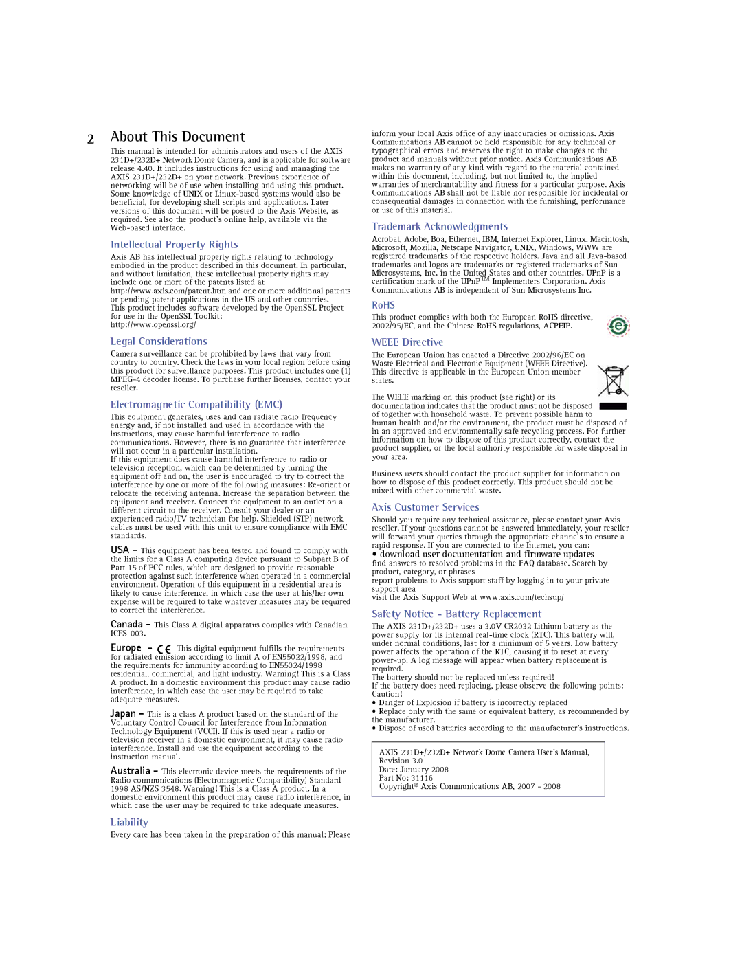 Axis Communications 232d+ user manual About This Document, Intellectual Property Rights 