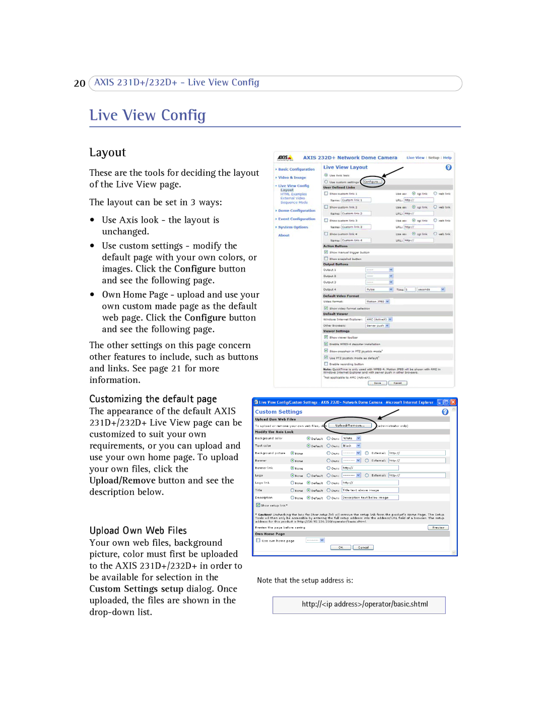 Axis Communications 232d+ user manual Live View Config, Layout, Customizing the default, Upload Own Web Files 