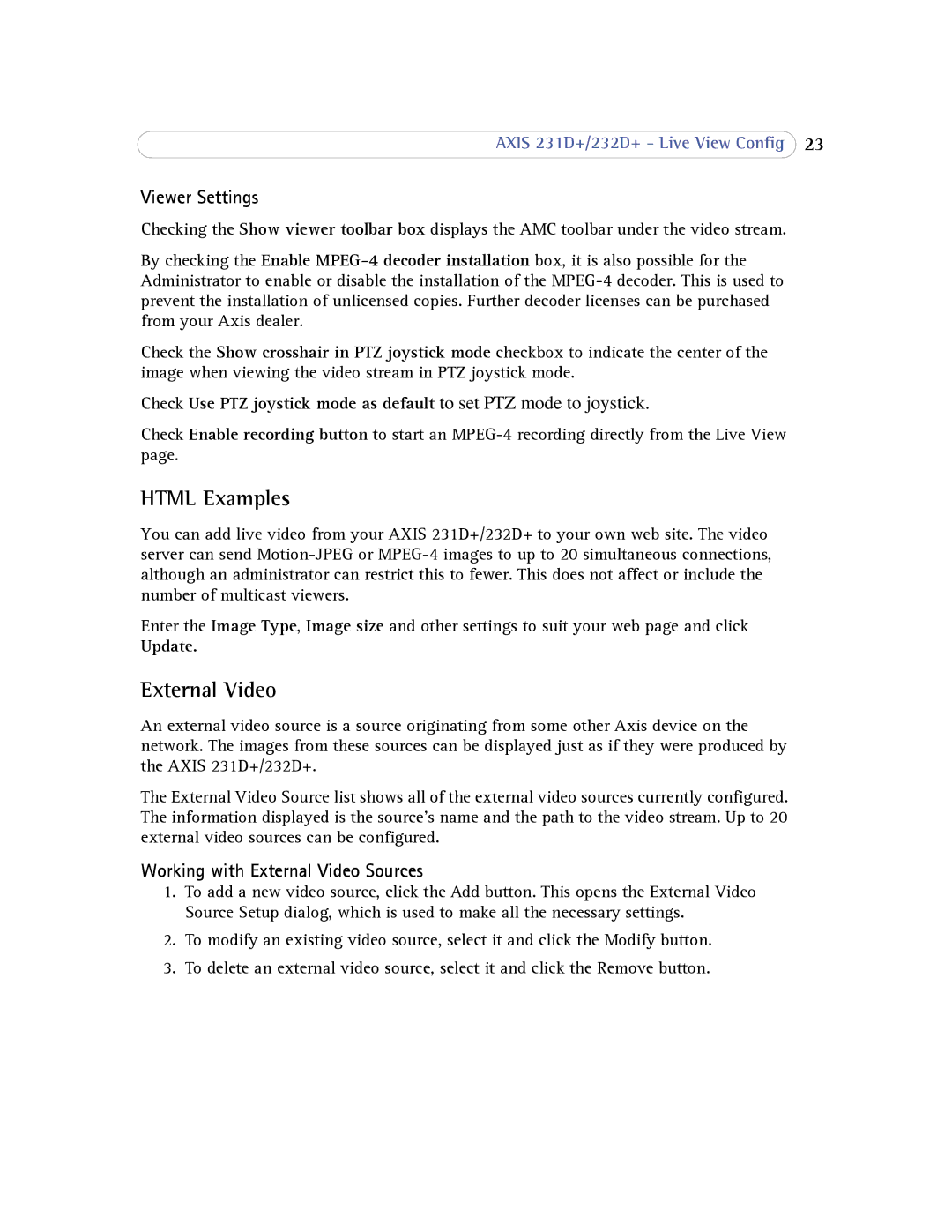 Axis Communications 232d+ user manual Html Examples, Viewer Settings, Working with External Video Sources, Update 