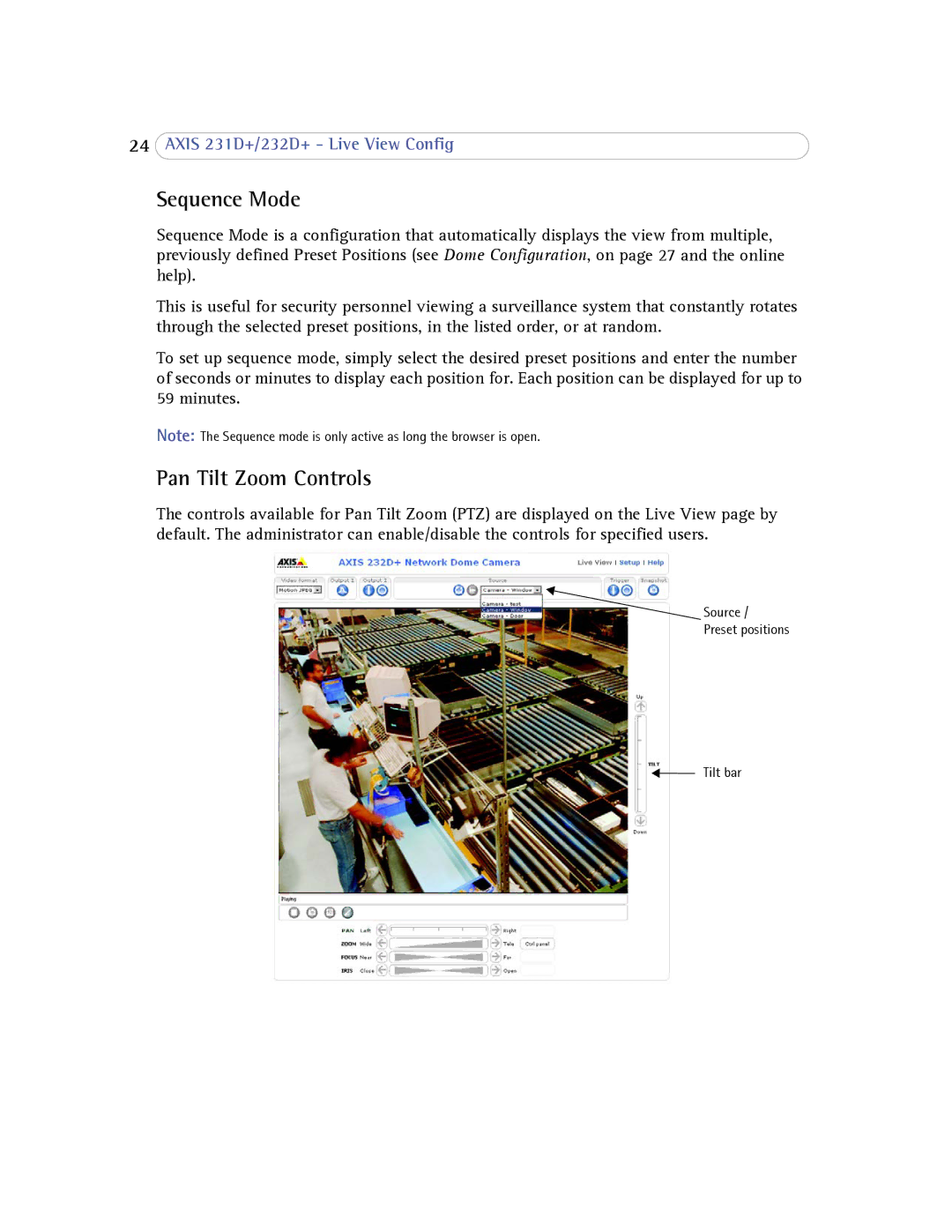 Axis Communications 232d+ user manual Sequence Mode, Pan Tilt Zoom Controls 