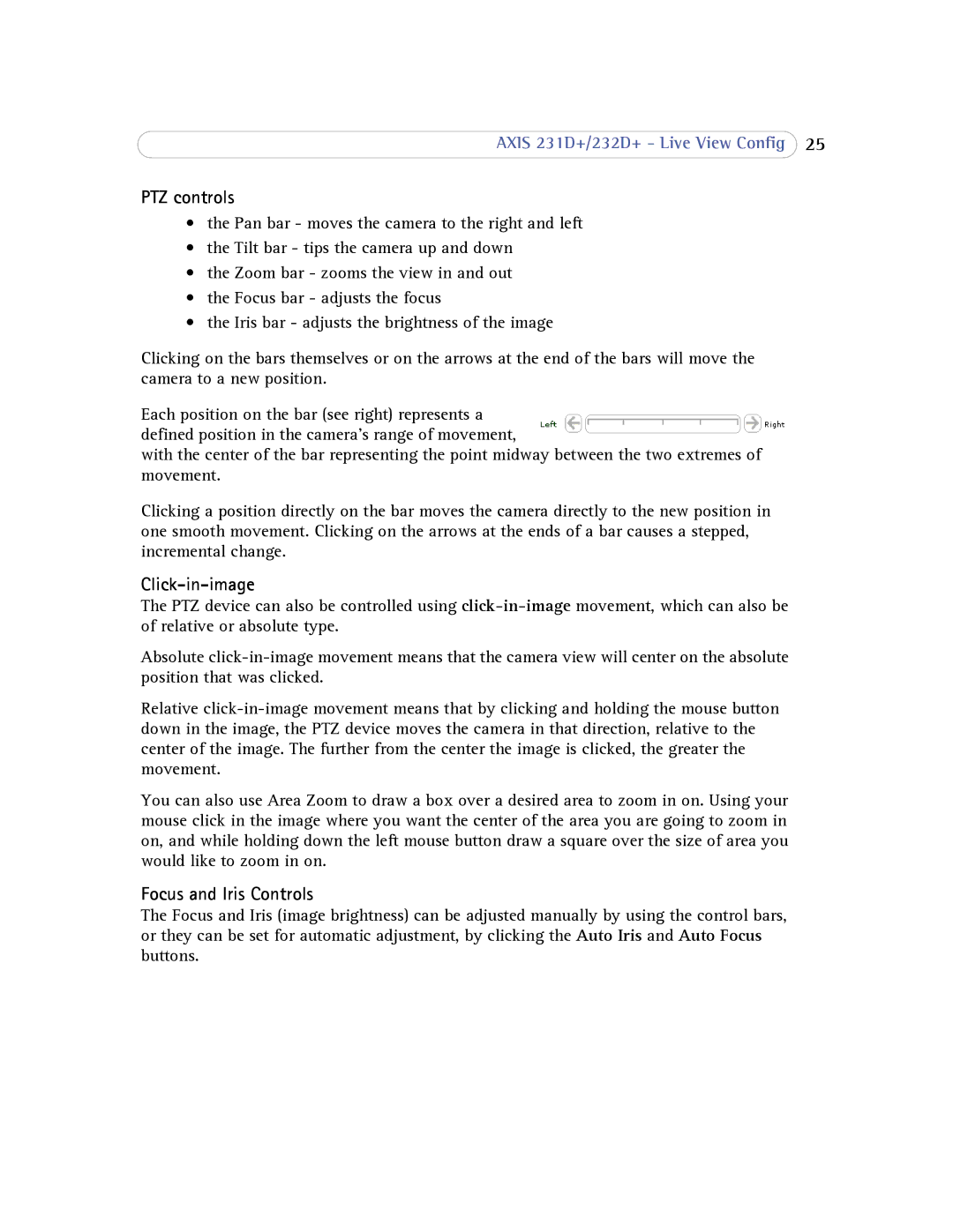 Axis Communications 232d+ user manual PTZ controls, Click-in-image, Focus and Iris Controls 