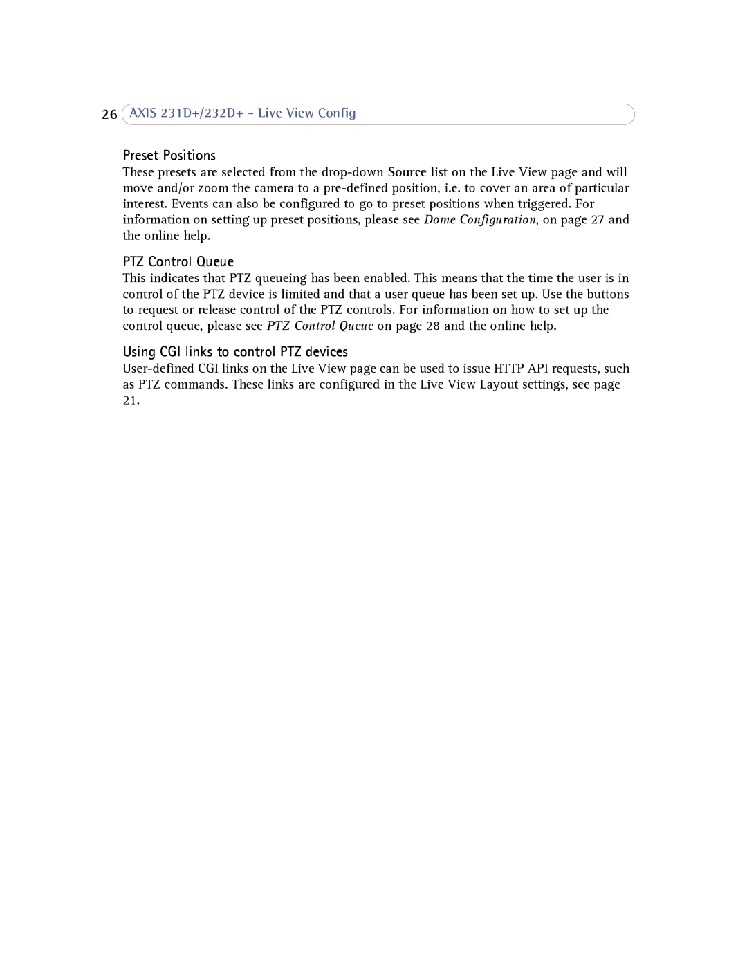 Axis Communications 232d+ user manual Preset Positions, PTZ Control Queue, Using CGI links to control PTZ devices 