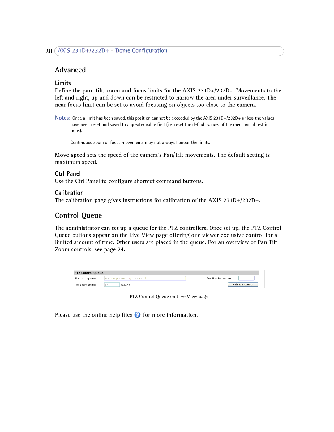 Axis Communications 232d+ user manual Advanced, Control Queue, Limits, Ctrl Panel, Calibration 