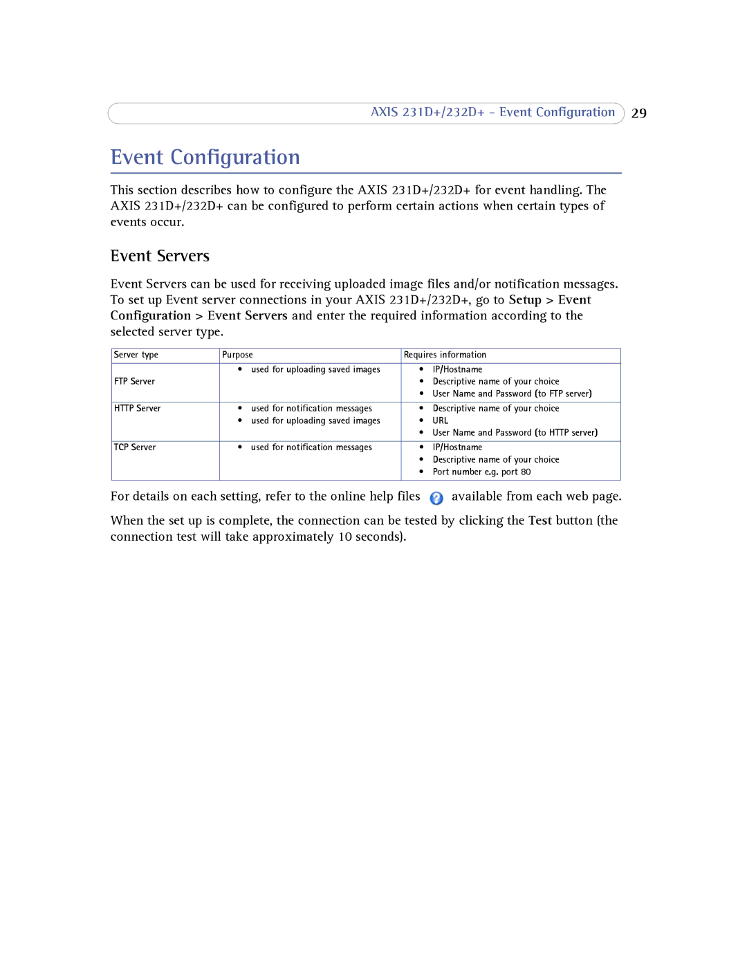 Axis Communications 232d+ user manual Event Configuration, Event Servers 