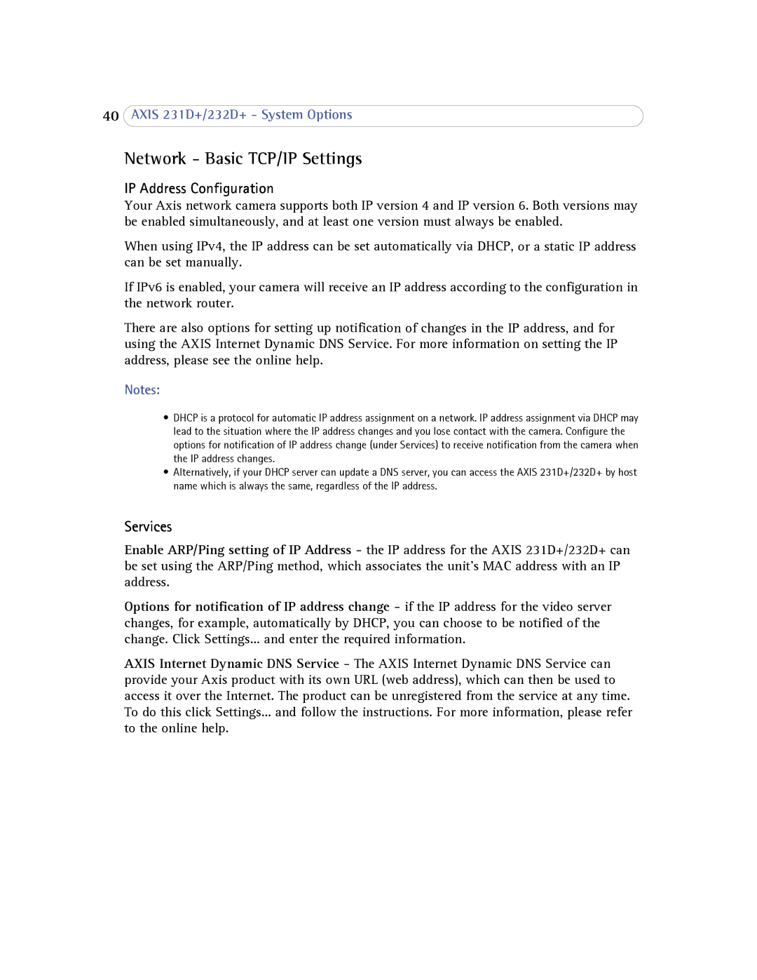 Axis Communications 232d+ user manual Network Basic TCP/IP Settings, IP Address Configuration, Services 