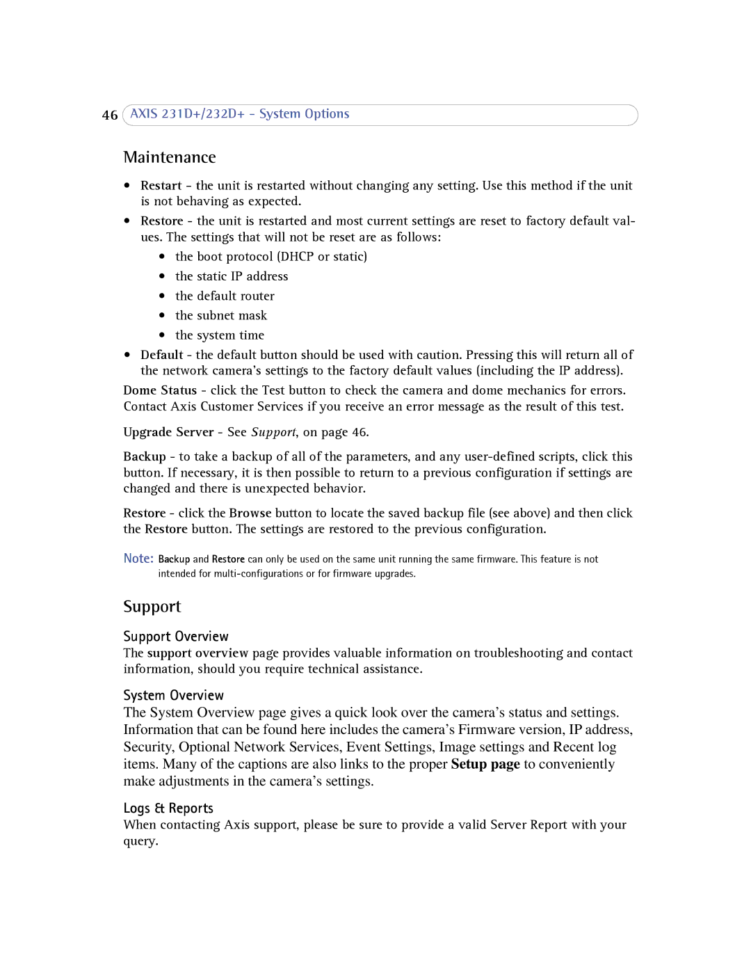 Axis Communications 232d+ user manual Maintenance, Support Overview, System Overview, Logs & Reports 