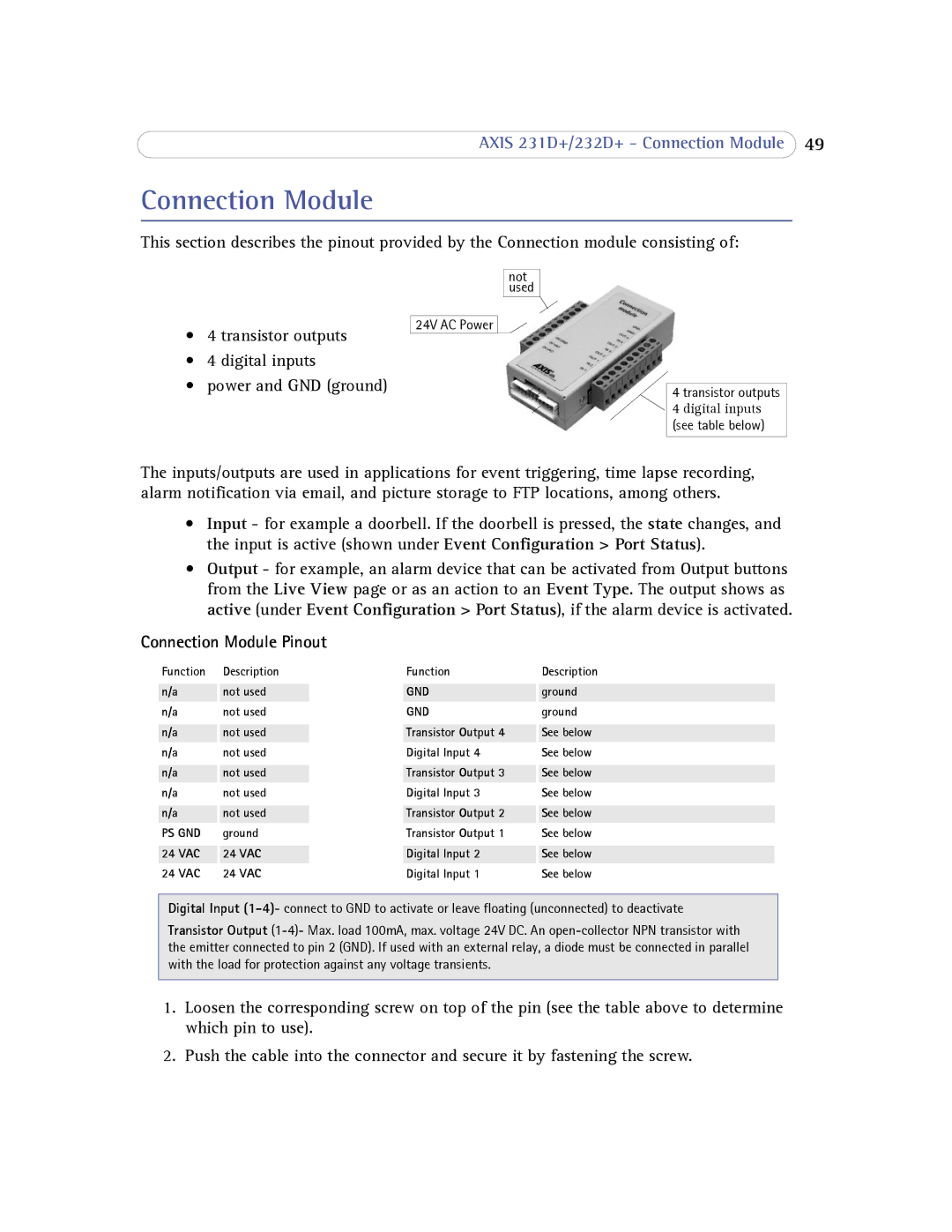 Axis Communications 232d+ user manual Connection Module Pinout 