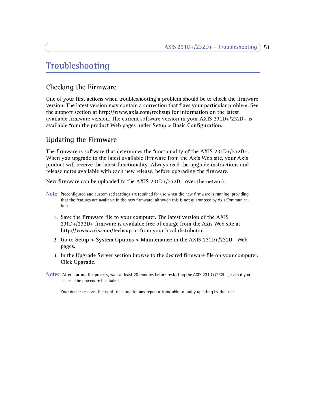 Axis Communications 232d+ user manual Troubleshooting, Checking the Firmware Updating the Firmware 