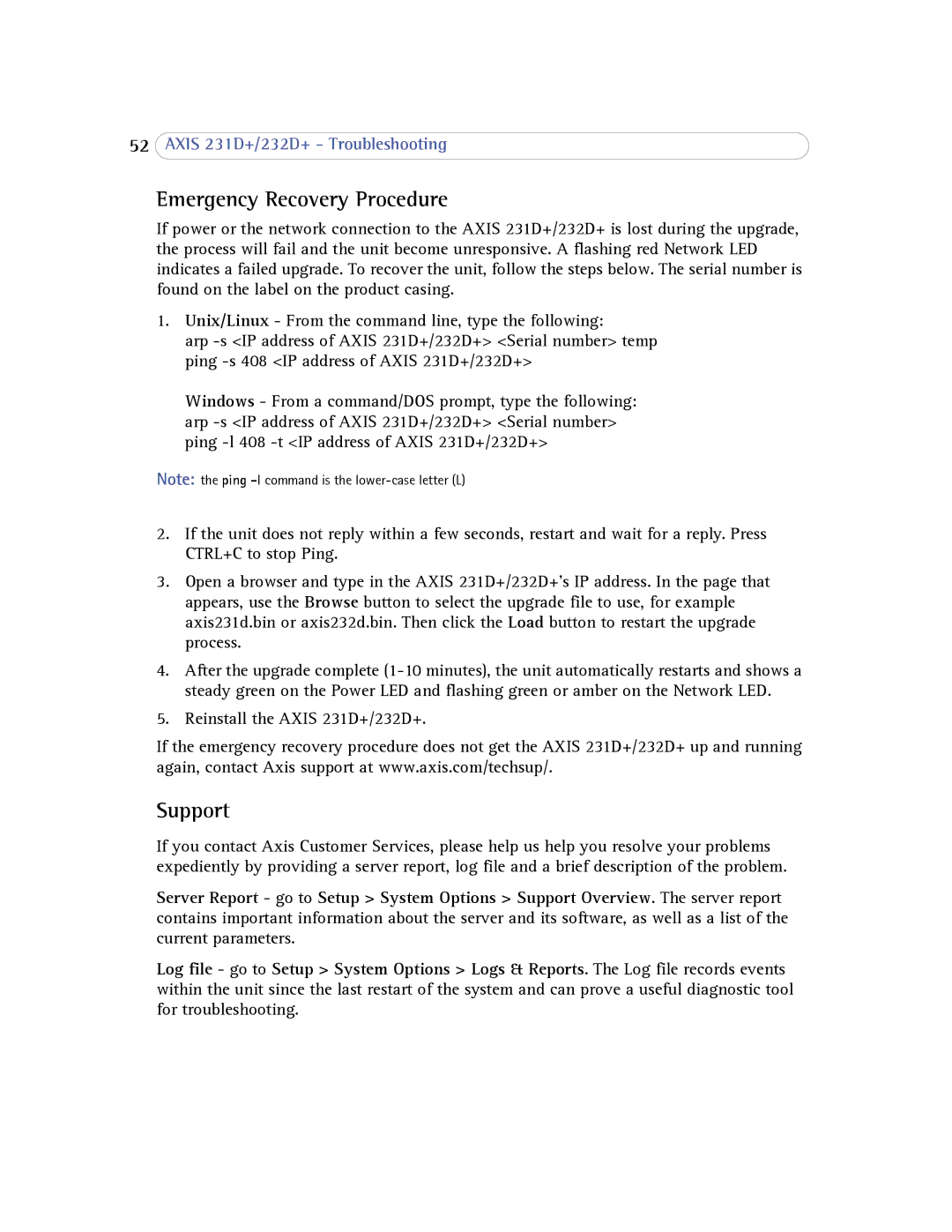 Axis Communications 232d+ user manual Emergency Recovery Procedure, Support 