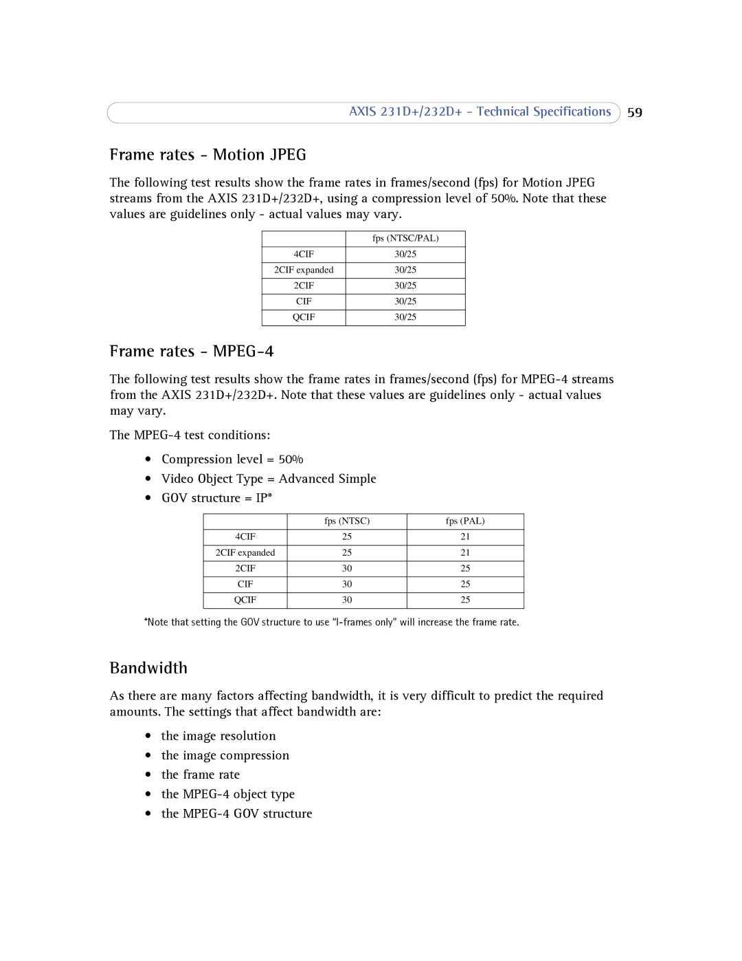 Axis Communications 232d+ user manual Frame rates Motion Jpeg, Frame rates MPEG-4, Bandwidth 