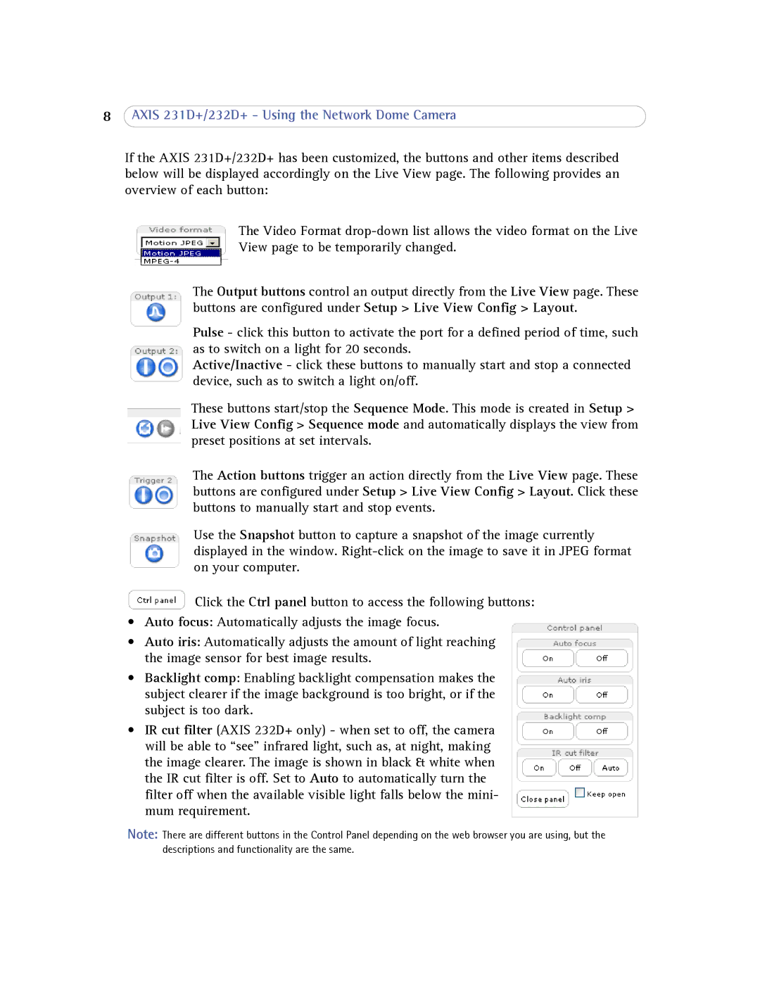 Axis Communications 232d+ user manual Axis 231D+/232D+ Using the Network Dome Camera 