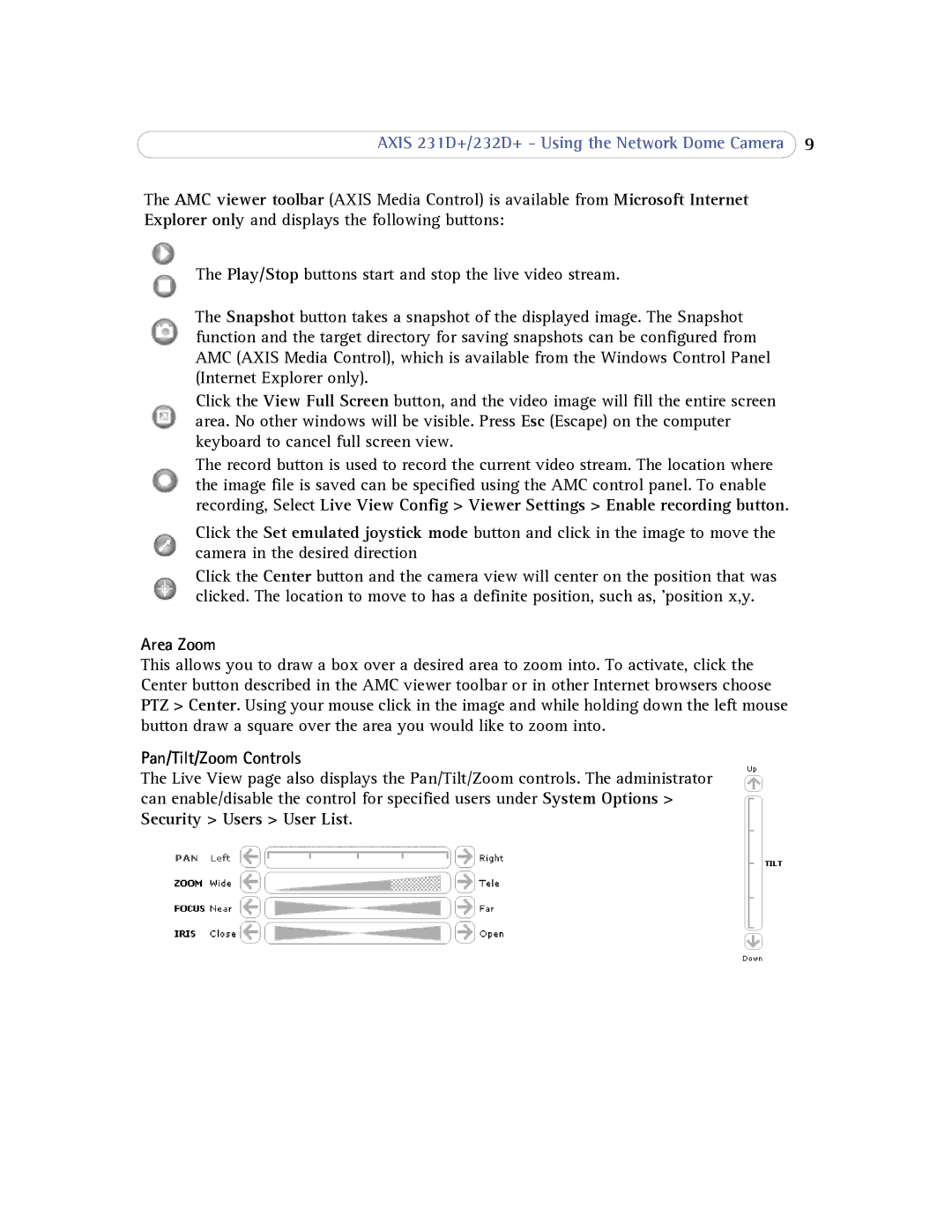 Axis Communications 232d+ user manual Area Zoom, Pan/Tilt/Zoom Controls 