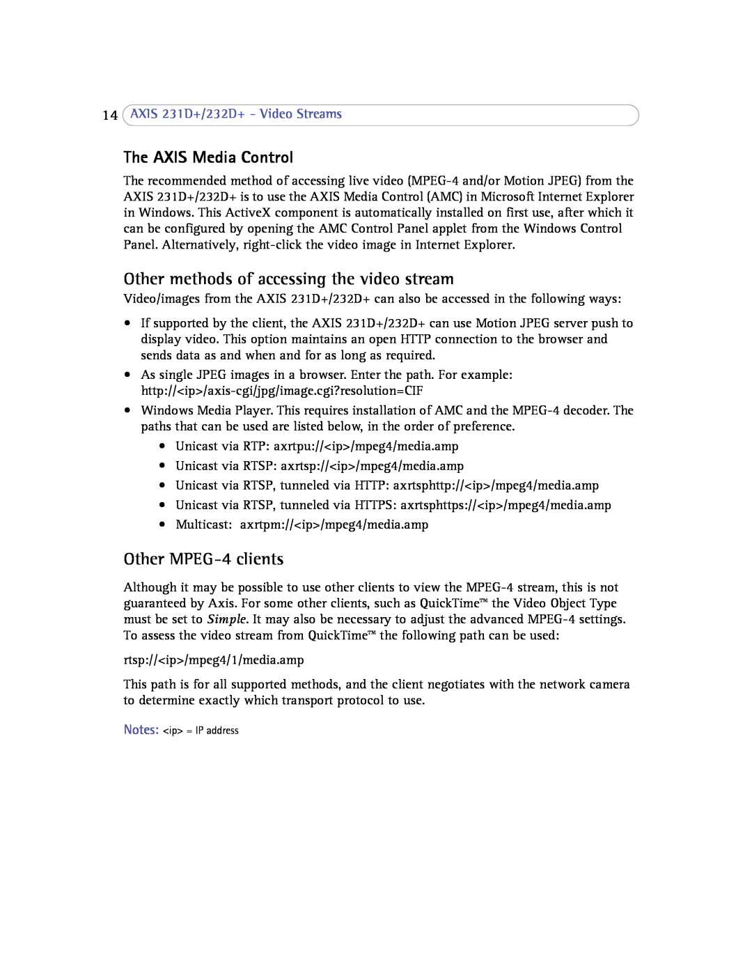 Axis Communications 232d+ The AXIS Media Control, Other methods of accessing the video stream, Other MPEG-4 clients 