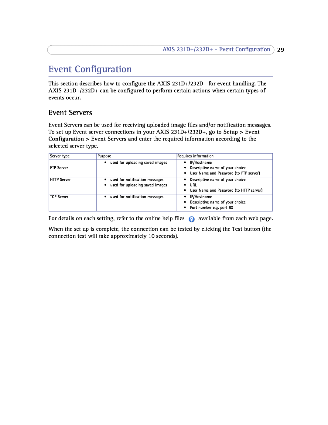 Axis Communications 232d+ user manual Event Servers, AXIS 231D+/232D+ - Event Configuration 