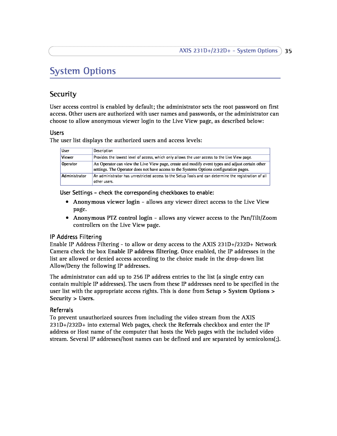 Axis Communications 232d+ user manual System Options, Security, Users, IP Address Filtering, Referrals 