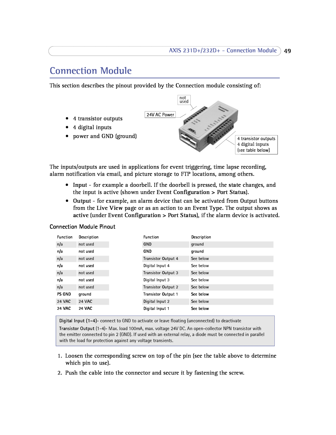 Axis Communications 232d+ user manual AXIS 231D+/232D+ - Connection Module, Connection Module Pinout 