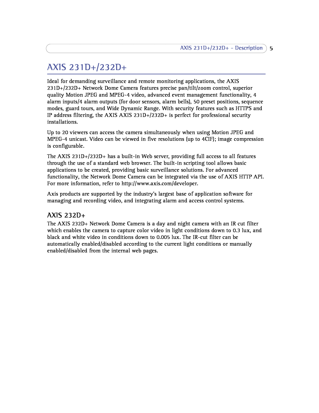 Axis Communications 232d+ user manual AXIS 232D+, AXIS 231D+/232D+ - Description 