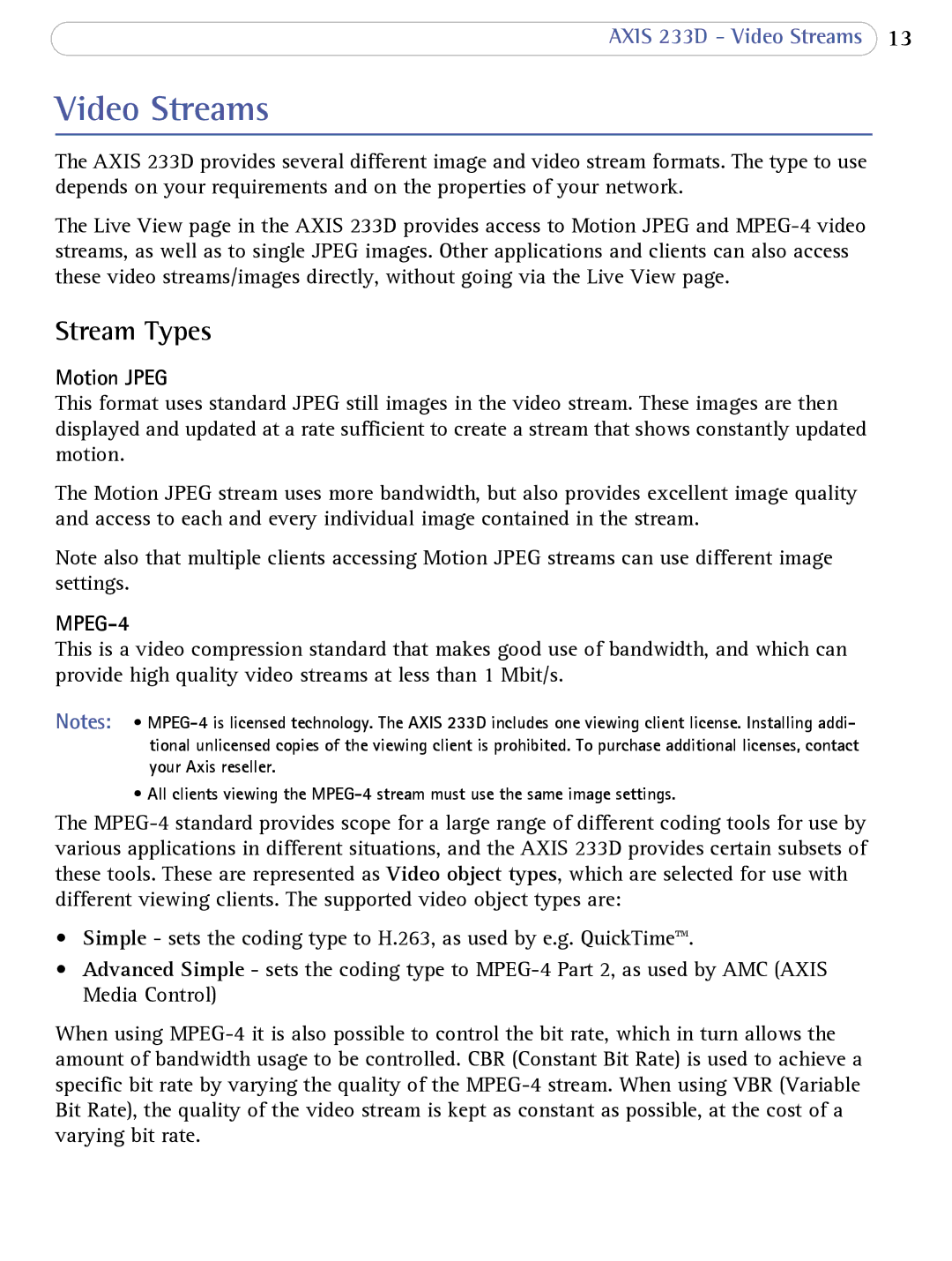 Axis Communications 233D user manual Video Streams, Stream Types, Motion Jpeg 