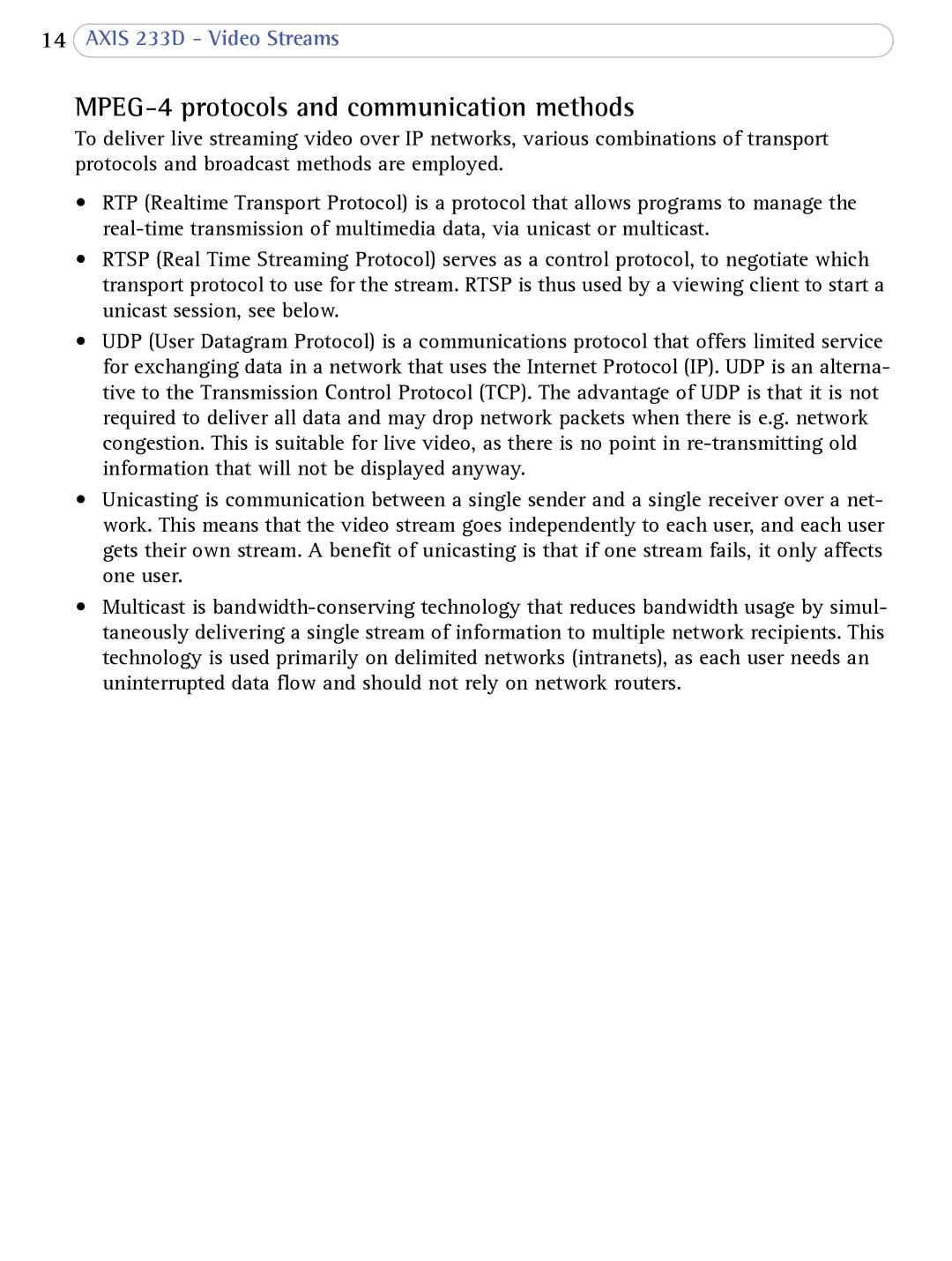 Axis Communications 233D user manual MPEG-4 protocols and communication methods 